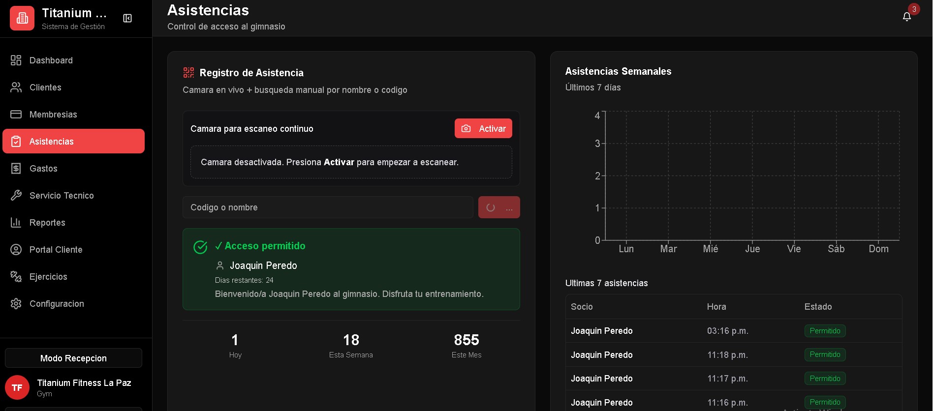 Sistema en recepcion y sala del gimnasio
